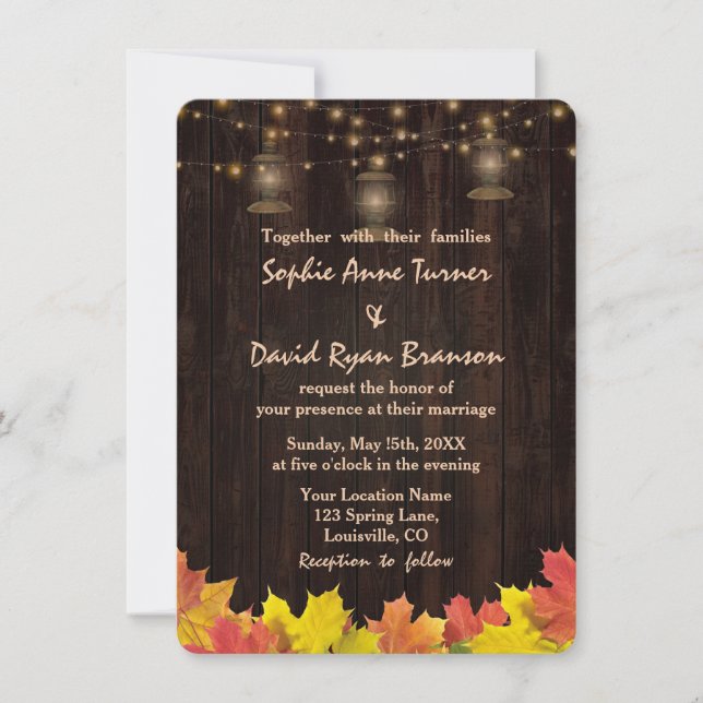 Invitation Automne Feuilles Bois Vieux Lanternes Mariage Invi (Devant)