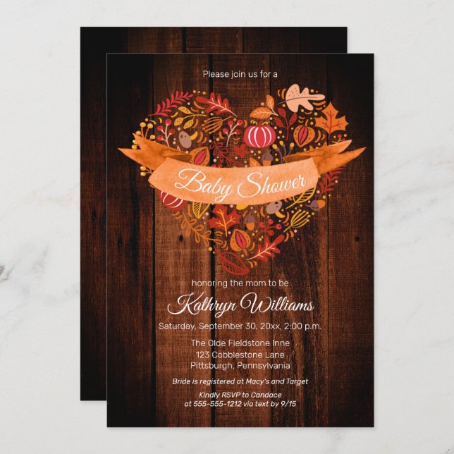 Invitation Automne | Feuilles d'automne | Baby shower en bois (Devant / Derrière)