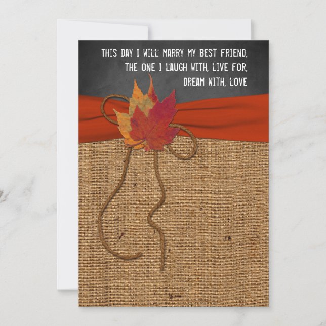 Invitation Automne Feuilles FAUX Burlap, Chalkboard Wedding I (Devant)