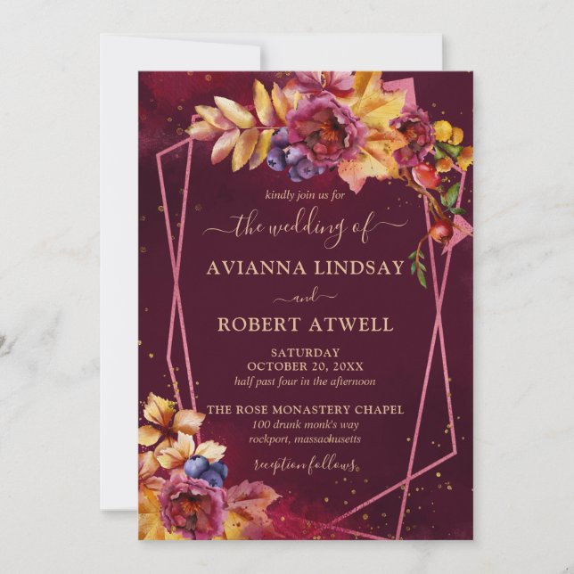 Invitation Automne Feuilles Fleurs et Berries Mariage Bourgog (Devant)