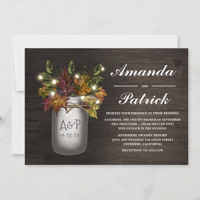 Invitation Automne Feuilles Mason Jar Rustique Mariage Invita (Devant)