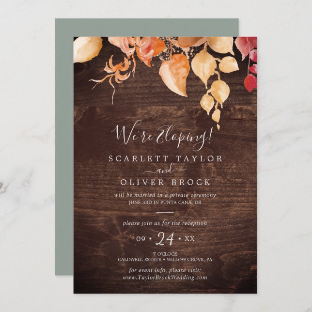 Invitation Automne Feuilles Rustique Brown Bois Elopement Réc (Devant / Derrière)
