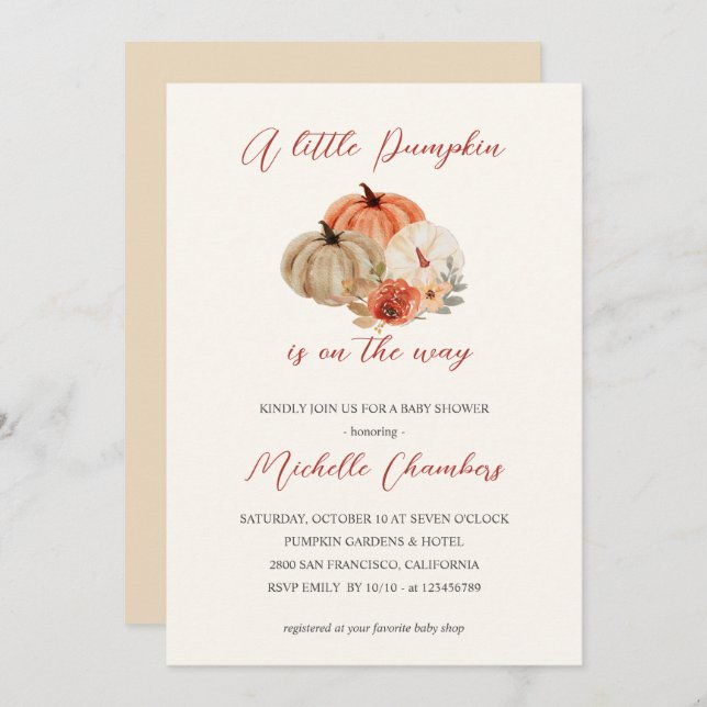 Invitation Automne Fleurs Citrouilles Baby shower élégant (Devant / Derrière)