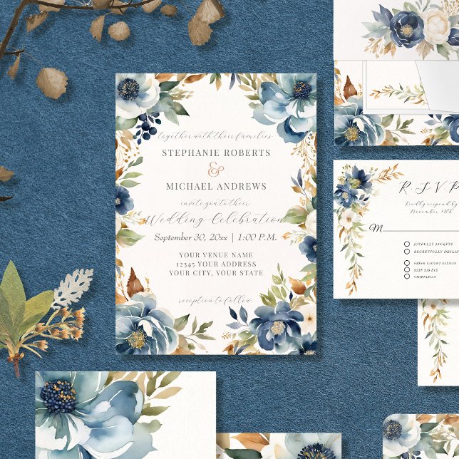 Invitation Automne Floral Aquarelle Florale bleu Mariage ivoi (Créateur téléchargé)
