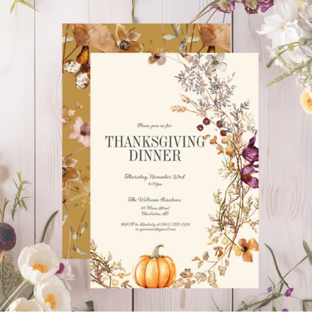 Invitation Automne Floral Boho Citrouille Thanksgiving Dîner (Fall Pumpkin Floral Thanksgiving Dinner Invitation, Wildflowers, Autumn Flowers)