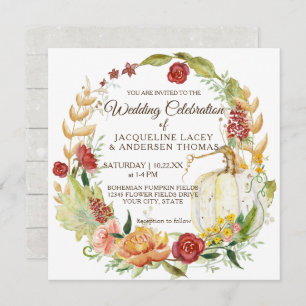 Invitation Automne Floral Bourgogne blanc Citrouille Mariage