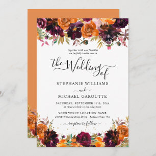 Invitation Automne Floral Brûlé Orange Mariage Parties scinti
