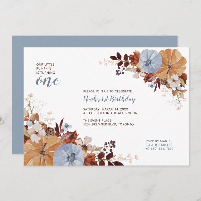 Invitation Automne Floral & Citrouille 1er anniversaire (Devant / Derrière)