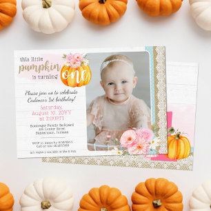 Invitation Automne Floral Citrouille Baby Girl's 1st Birthday