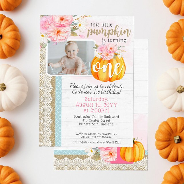 Invitation Automne Floral Citrouille Baby Girl's 1st Birthday (Créateur téléchargé)