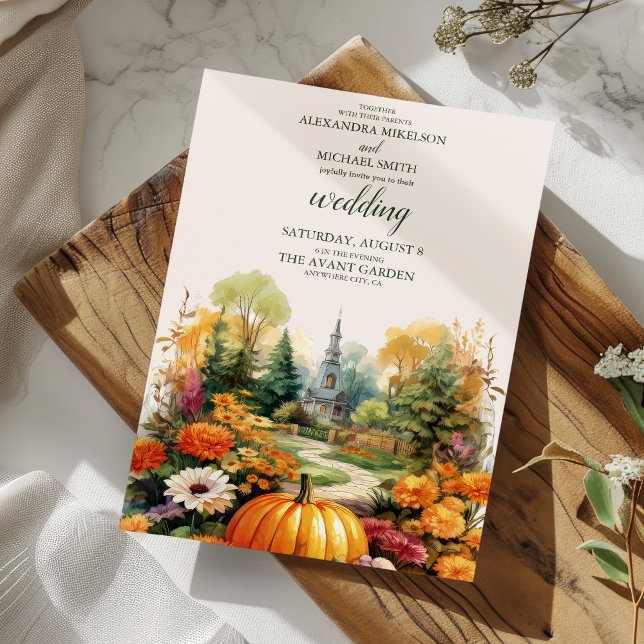 Invitation Automne Floral Citrouille Mariage Scrip (Créateur téléchargé)
