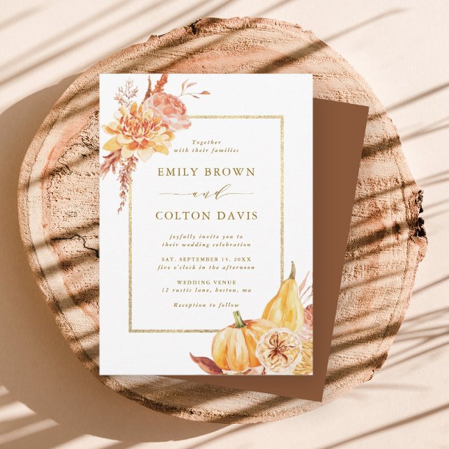 Invitation Automne Floral Citrouille Rustique Mariage Gold Sc (Créateur téléchargé)