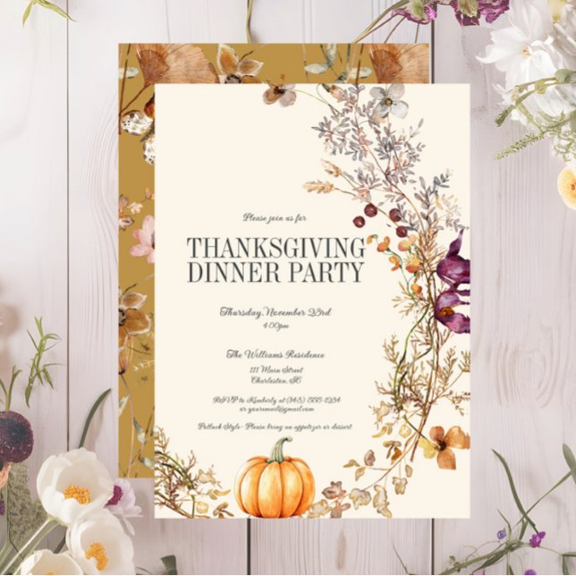 Invitation Automne Floral Citrouille Thanksgiving Dîner fête (Fall Floral Pumpkin Thanksgiving Dinner Party Invitation, Wildflowers, Ivory, Purple, Yellow)