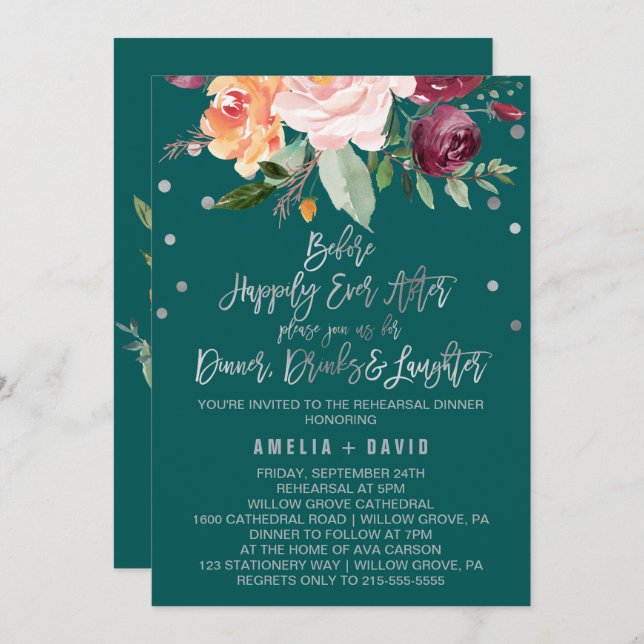 Invitation Automne Floral | Dîner de répétition Turquoise (Devant / Derrière)