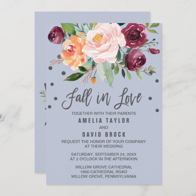 Invitation Automne Floral Dusty Bleu Chute En Amour Mariage (Devant / Derrière)