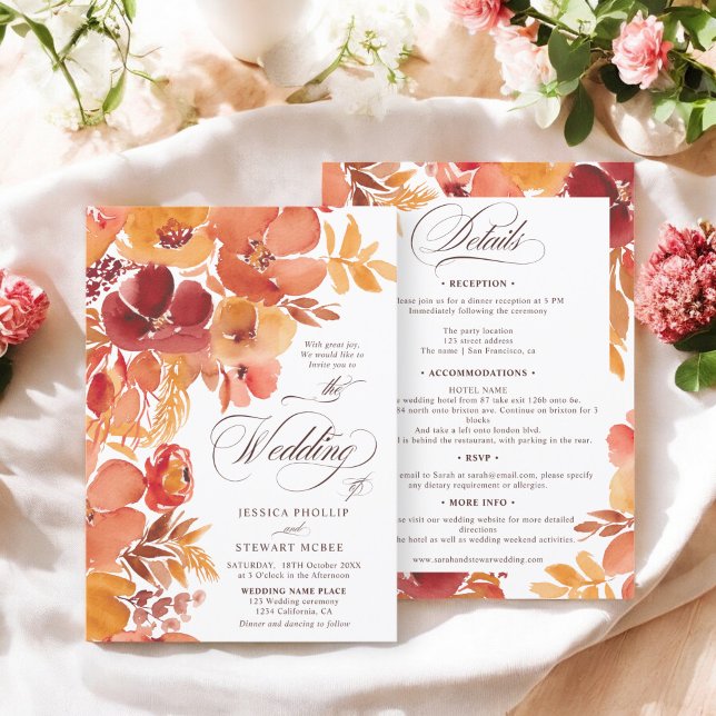 Invitation Automne Floral élégant boho tout en un script mari (Fall Floral elegant boho all in one script wedding Invitation)