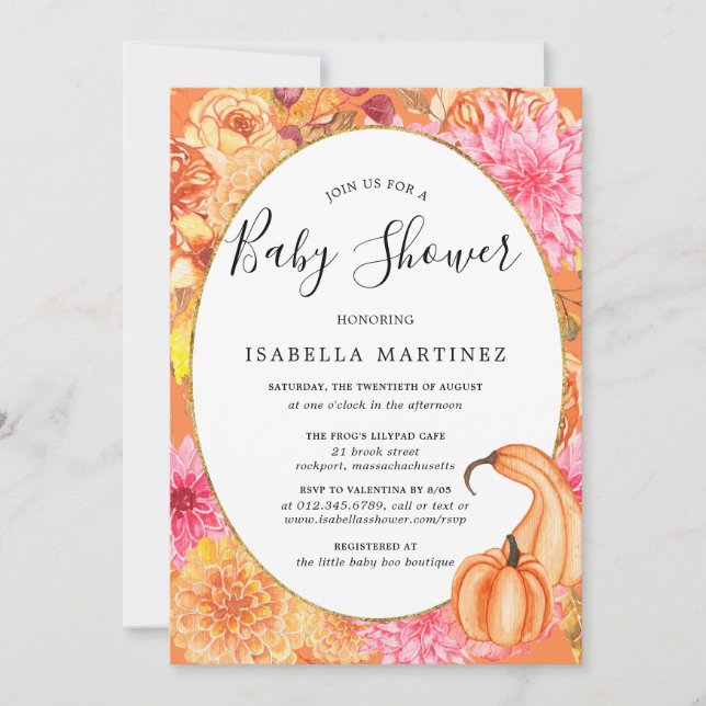 Invitation Automne Floral et Baby shower Citrouille (Devant)