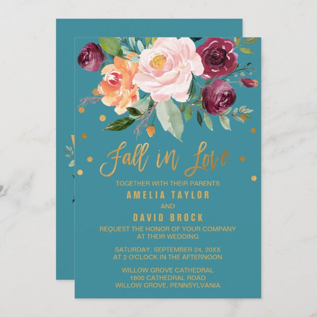 Invitation Automne Floral | Fall In Love Mariage Turquoise (Devant / Derrière)