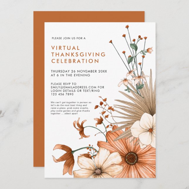 Invitation Automne Floral Folial Dîner d'action de grâces vir (Devant / Derrière)