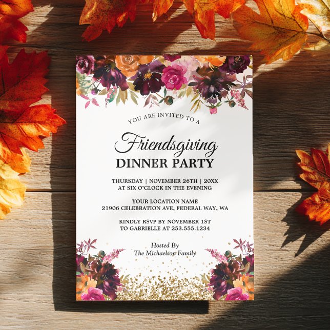 Invitation Automne Floral Gold Parties scintillant Friendsgiv (Fall Autumn Floral Gold Glitter Friendsgiving Invitation)