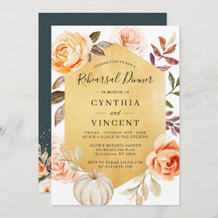 Invitation Automne Floral Luxury Gold Mariage Dîner de répéti