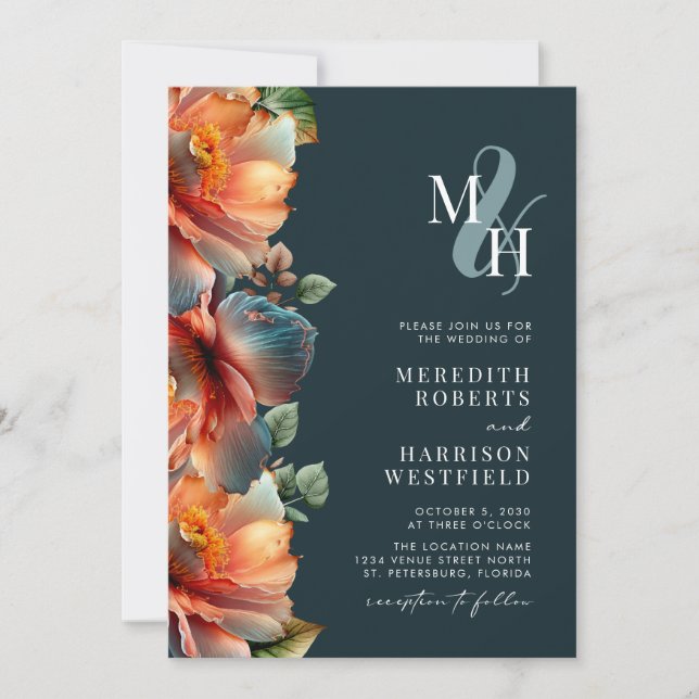 Invitation Automne Floral Monogramme QR Code RSVP Automne Mar (Devant)