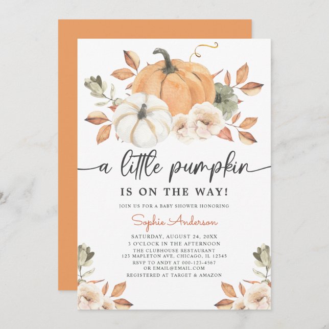 Invitation Automne Floral Petit Baby shower Citrouille (Devant / Derrière)