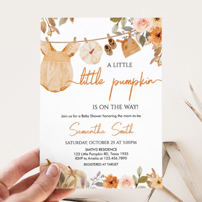 Invitation Automne Floral Petit Baby shower Citrouille (Autumn Floral Little Pumpkin Clothesline Baby Shower Invitation)