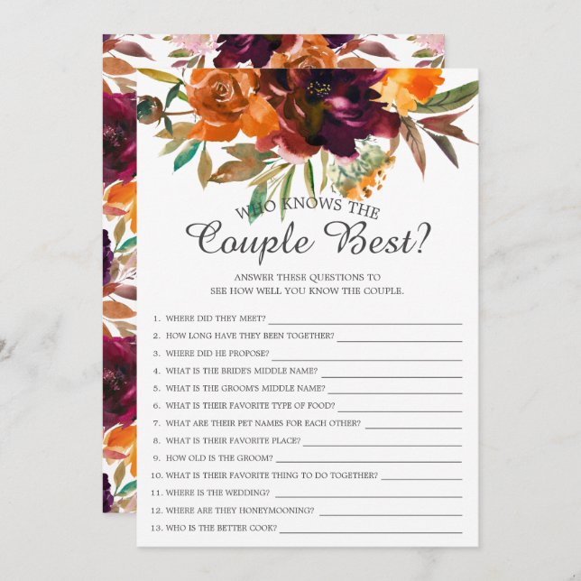 Invitation Automne Floral qui connaît le couple meilleur jeu  (Devant / Derrière)