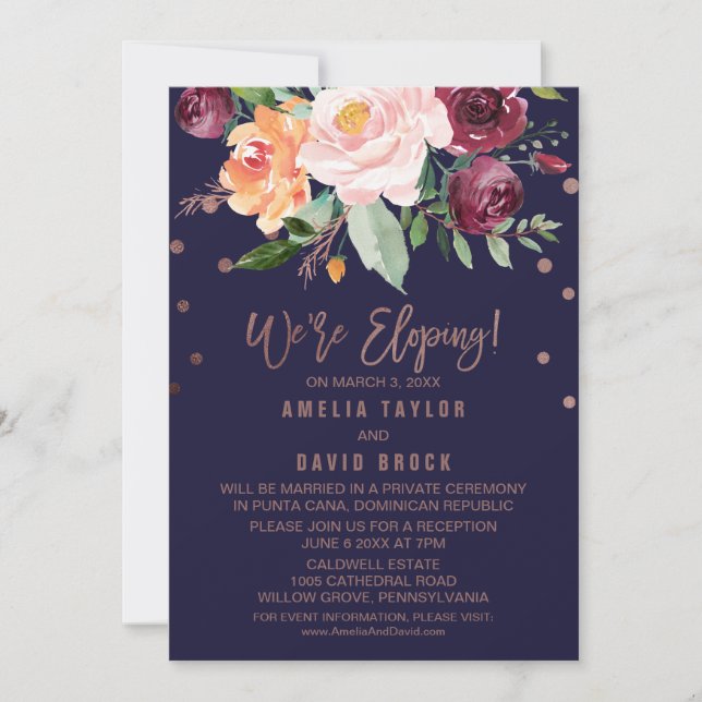 Invitation Automne Floral Rose Gold Elopement Réception (Devant)