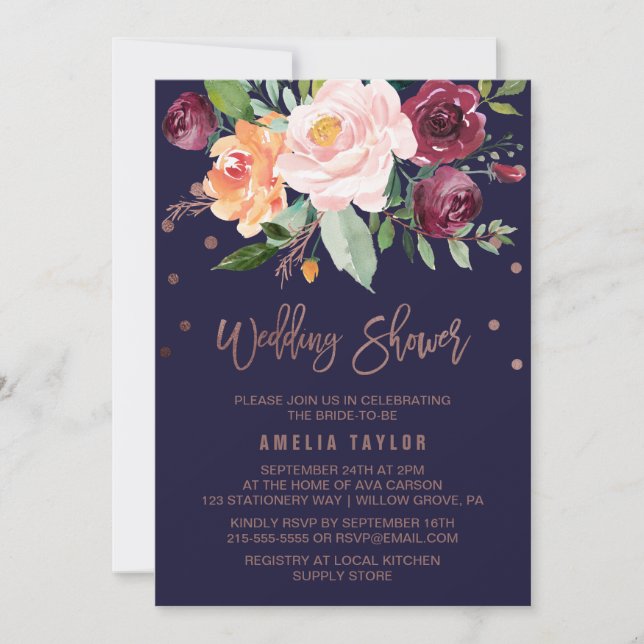 Invitation Automne Floral Rose Gold Wreath Back Wedding showe (Devant)