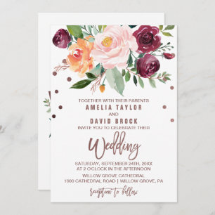 Invitation Automne Floral Rose or Mariage de typographie