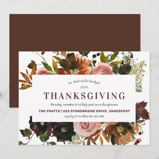 Invitation Automne Floral Thanksgiving Dîner (Devant / Derrière)