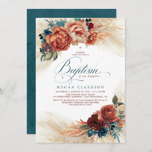 Invitation Automne Floral Turquoise Bleu et Terracotta Automn