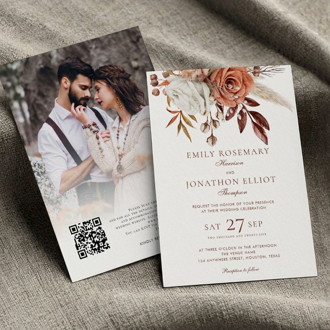 Invitation Automne Florales Photo QR Brown Texte Mariage form (front and back view)