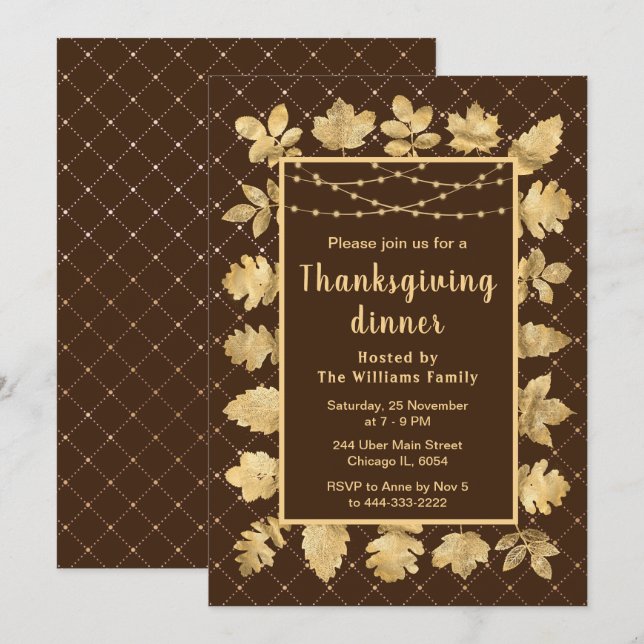 Invitation Automne Gold Feuilles Thanksgiving Dîner Brown (Devant / Derrière)