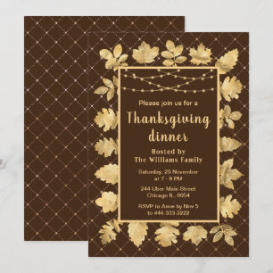 Invitation Automne Gold Feuilles Thanksgiving Dîner Brown