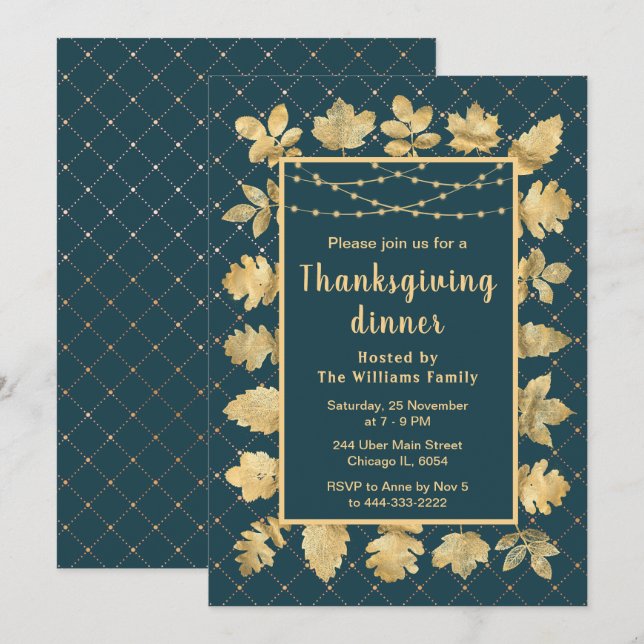 Invitation Automne Gold Feuilles Thanksgiving Dîner Turquoise (Devant / Derrière)
