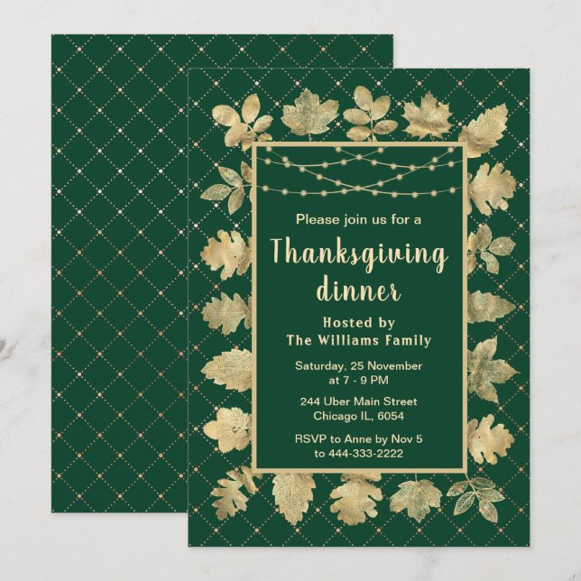 Invitation Automne Gold Feuilles Thanksgiving Dîner Vert (Devant / Derrière)