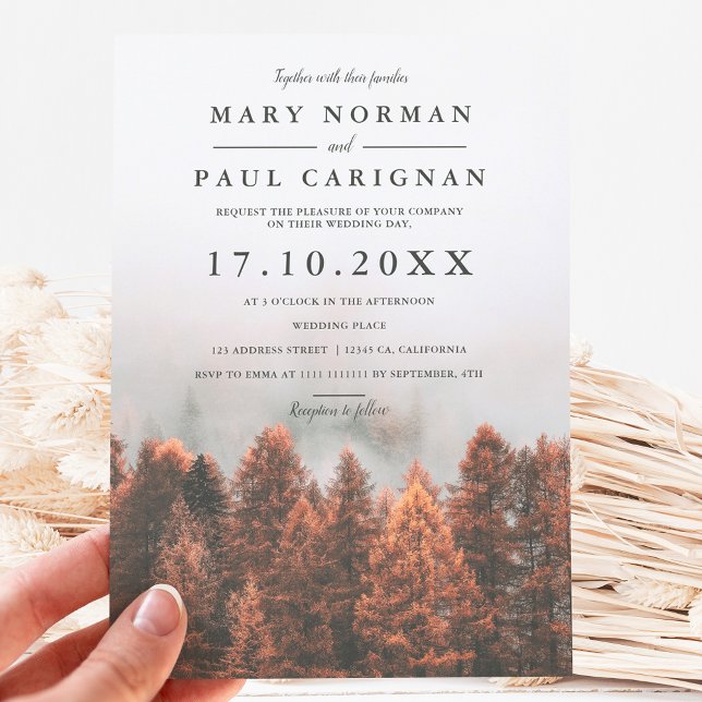 Invitation Automne hiver pins forêt photo chic mariage (Créateur téléchargé)