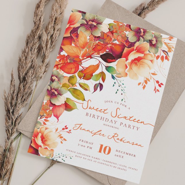 Invitation Automne Jardin Floral Sweet 16 Anniversaire (Fall Autumn Garden Floral Sweet 16 Birthday Party Invitation)