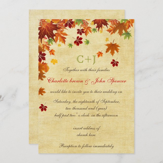 Invitation Automne laisse un Mariage rustique (Devant / Derrière)