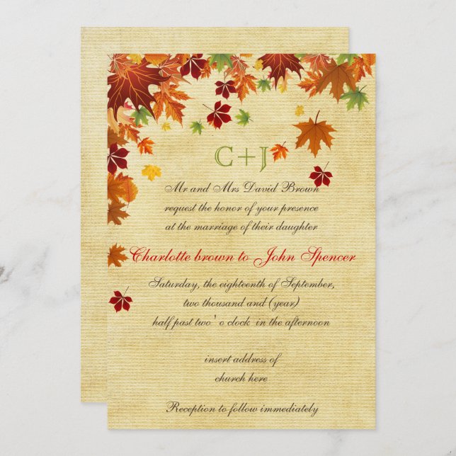 Invitation Automne laisse un Mariage rustique (Devant / Derrière)