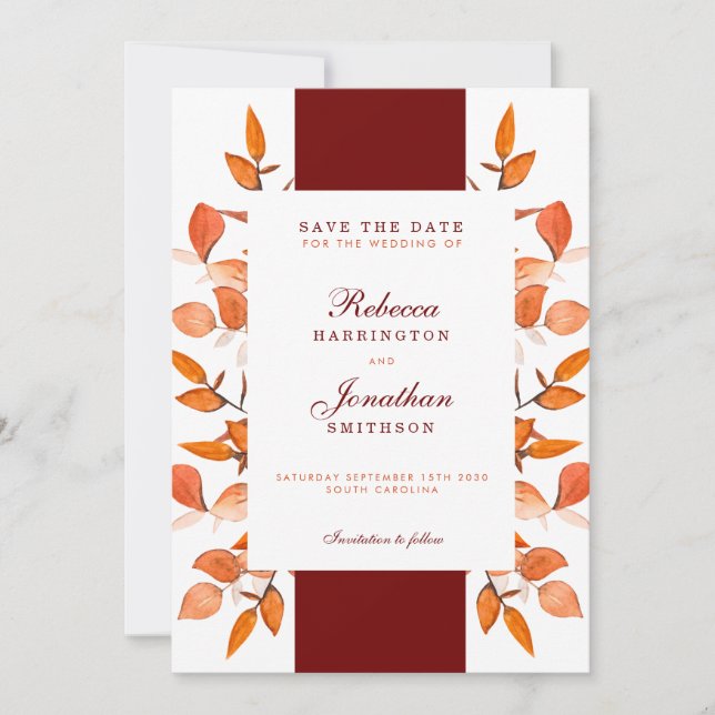 Invitation Automne Laisser Brûler Orange Mariage Enregistrer  (Devant)