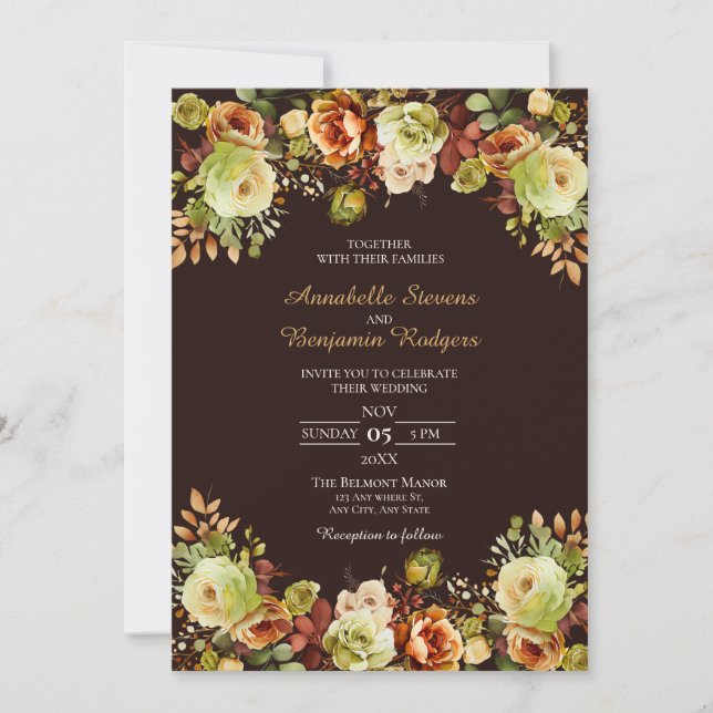 Invitation Automne Mariage Brown vert et brûlé Orange Floral (Devant)