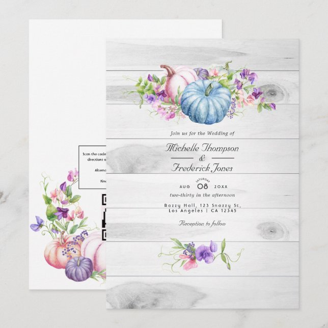 Invitation Automne - Mariage Floral Rustique QR Code RSVP (Devant / Derrière)