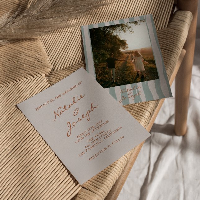 Invitation Automne Mariage photo Pinstripes écrites à la main (Créateur téléchargé)