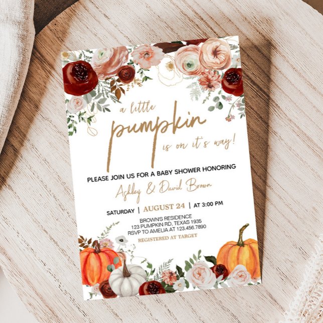 Invitation Automne Marsala Bourgogne Citrouille Floral Baby s (Fall Floral Pumpkin Baby Shower Invitation)