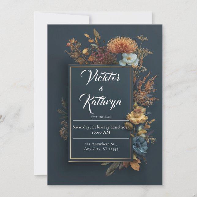 Invitation Automne Maussade Profond Bleu Or Fleurs Mariage (Devant)