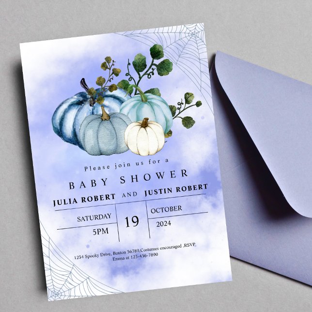 Invitation automne moderne bleu citrouille garçon baby shower (Créateur téléchargé)